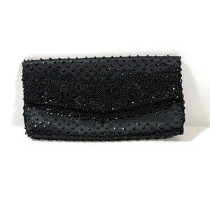 Vtg Black Beaded Satin Evening‎ Clutch Micro Bead Flowers Snap Close Hong Kong